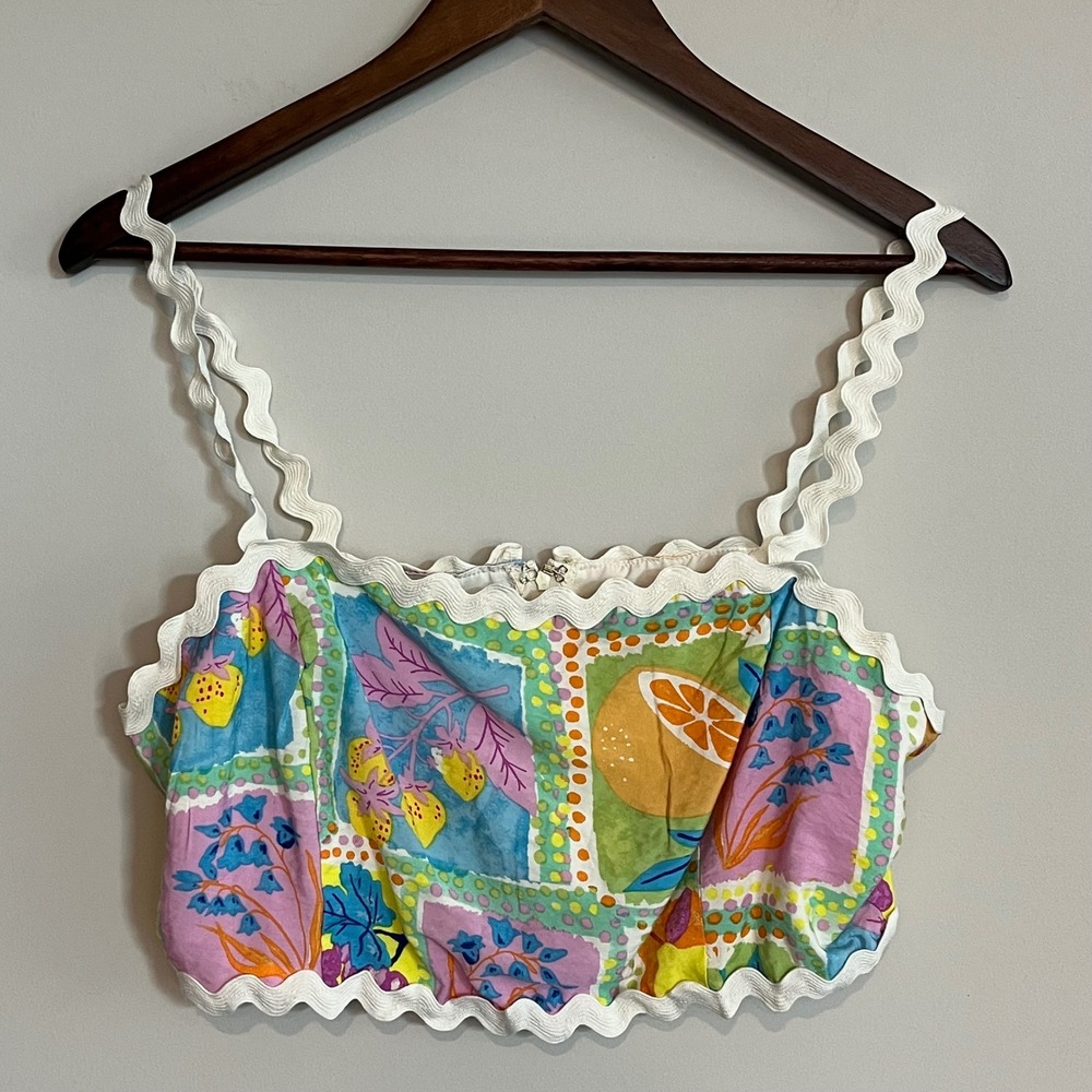 FORE Fruit Floral Patchwork Ric-Rac Trim Crop Cami Top Multicolor Large